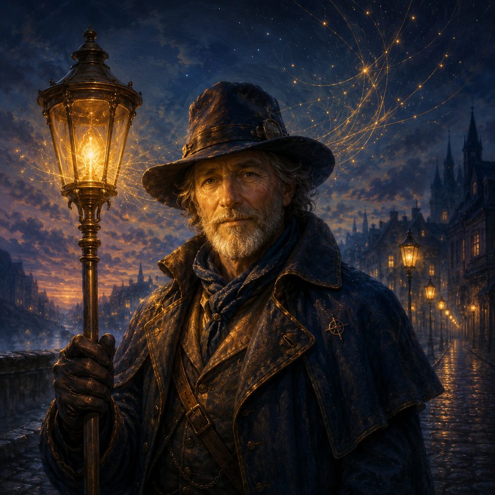 The Lamplighter — a weathered, kind-eyed figure in a midnight coat holding a glowing brass lantern, threads of golden light spilling into the night sky.